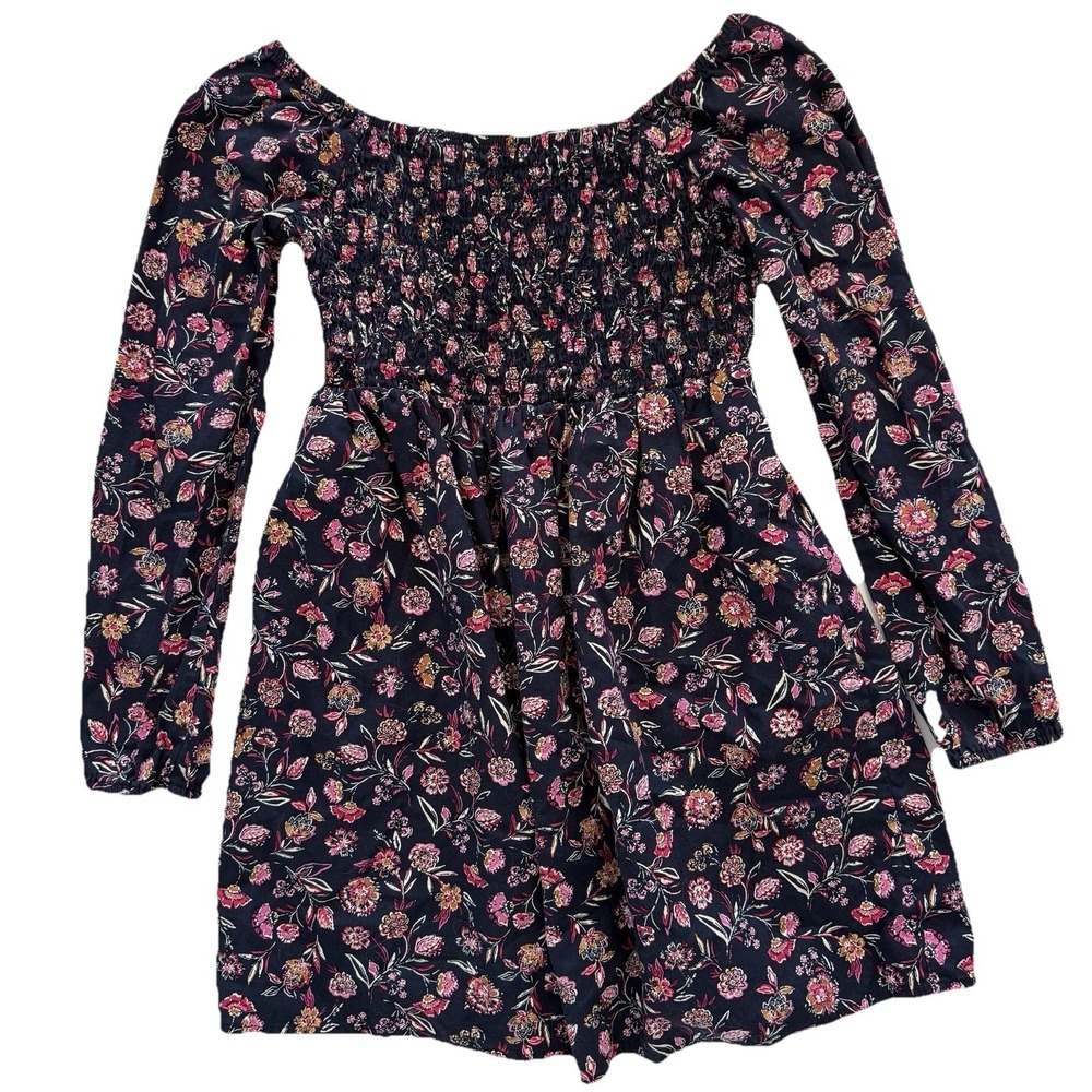 Gap Kids Floral Dress Girls XL 14/16 Navy Blue Smocked Long Sleeve Boho Square